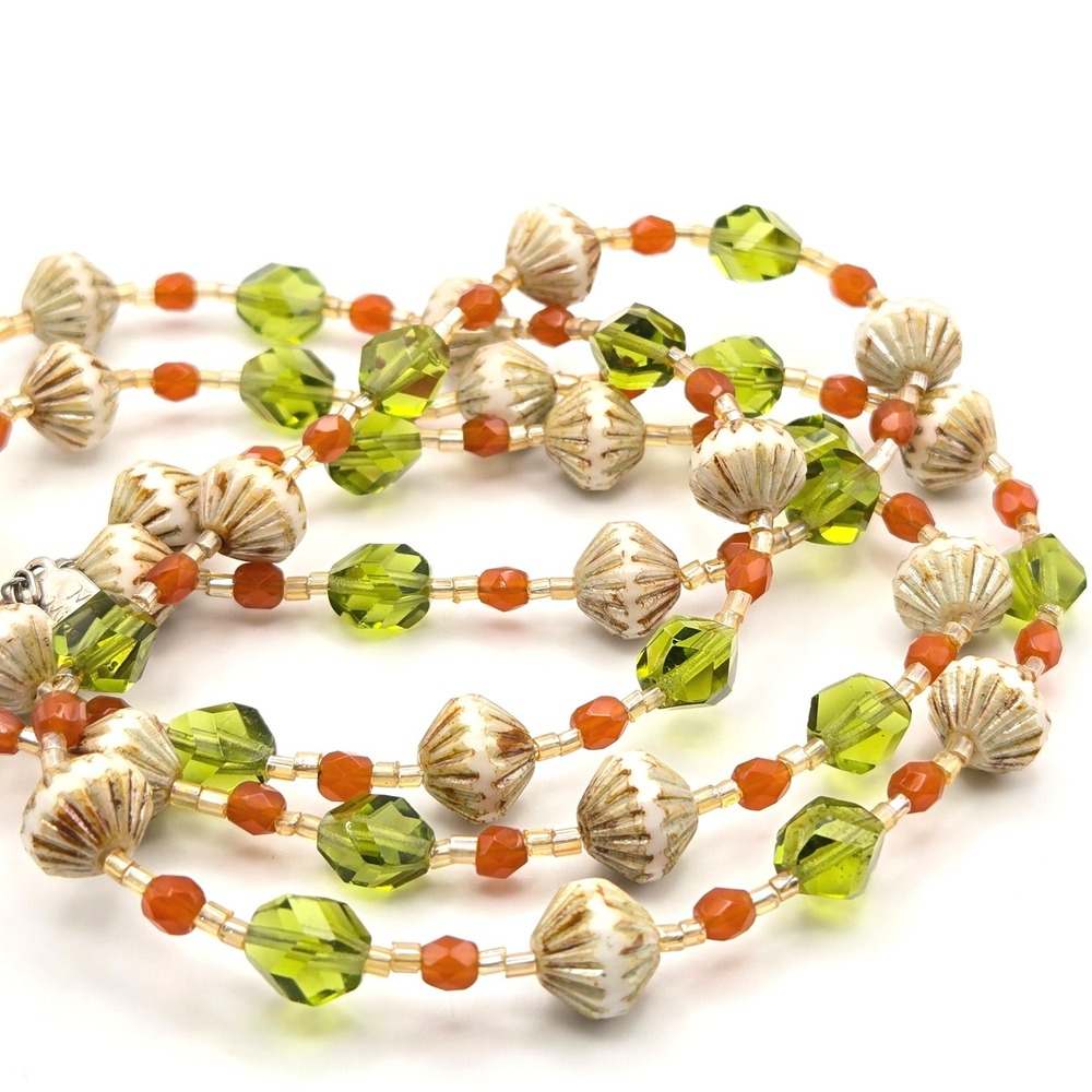 Mary Milsaps Glass Beaded Necklace Green, White with Gold & Amber‑Tone Beads